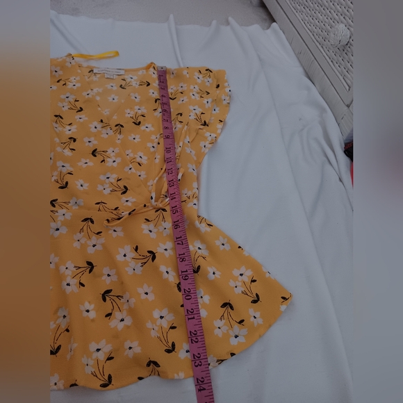 Monteau-Yellow Floral Ruffle Sleeve Faux Wrap Tie Blouse - Picture 9 of 10